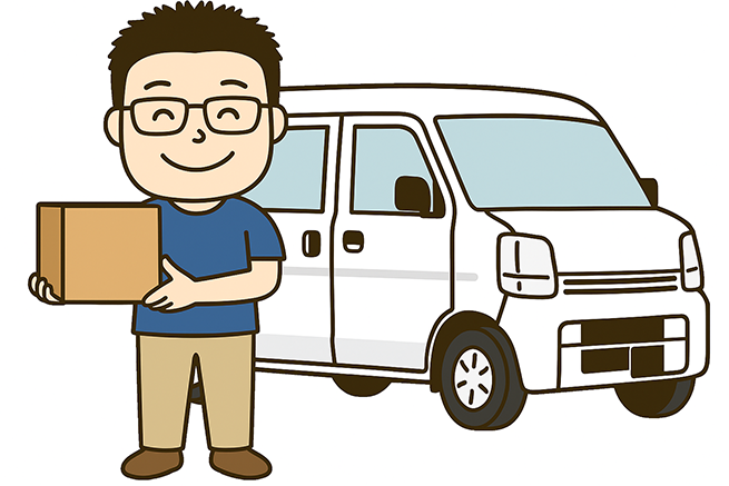 株式会社スマイルカーゴ 代表取締役 中屋圭貴のイラストと軽貨物車