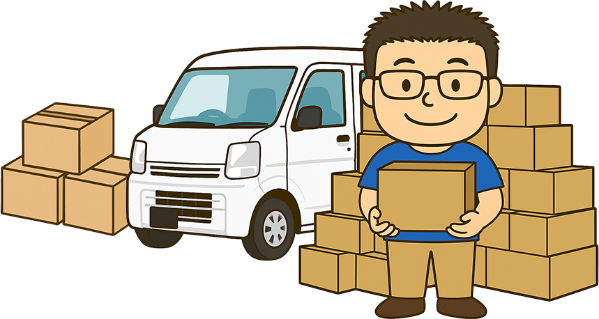 四国の配送に対応するスマイルカーゴのスタッフと軽トラックのイラスト